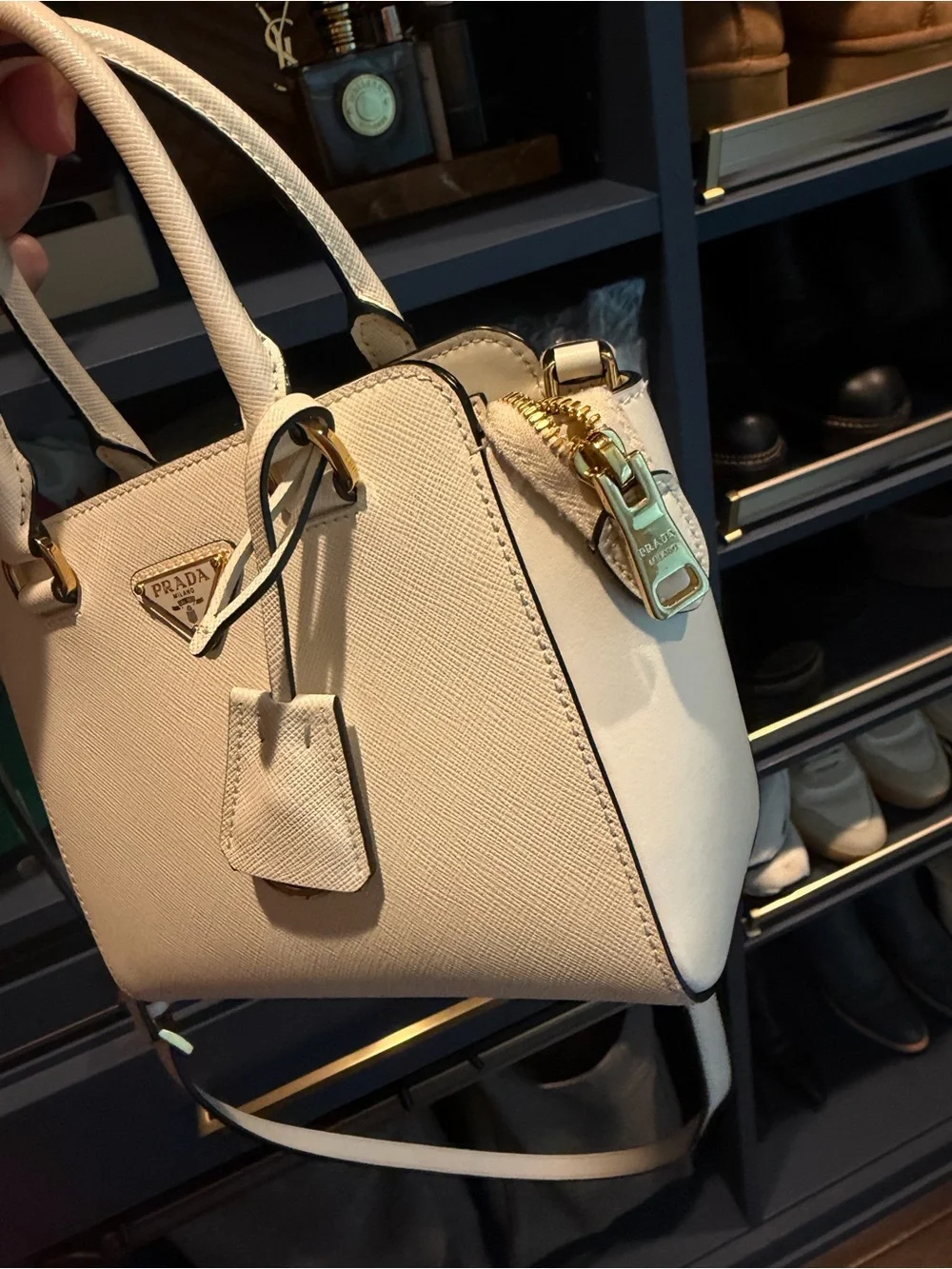 Prada Cream Saffiano Leather Mini Satchel with Gold Hardware